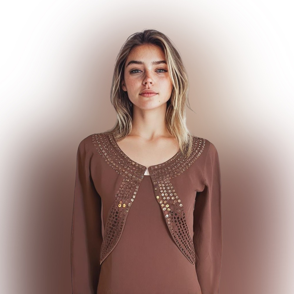 Central Falls Tank Top Cardigan set brown copper sequin Size small nylon bolero
